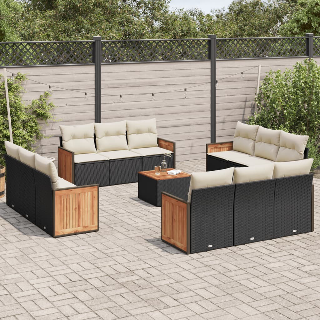 13-delige Loungeset met kussens poly rattan zwart