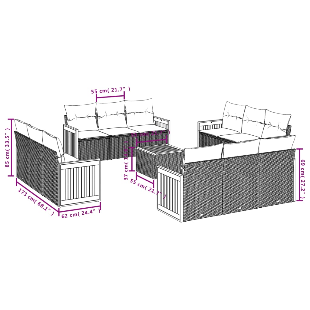 13-delige Loungeset met kussens poly rattan grijs