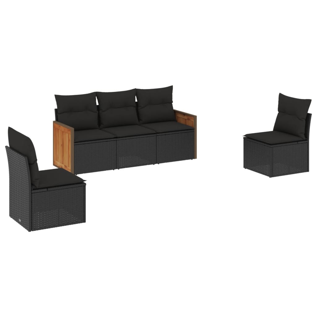 5-delige Loungeset met kussens poly rattan zwart