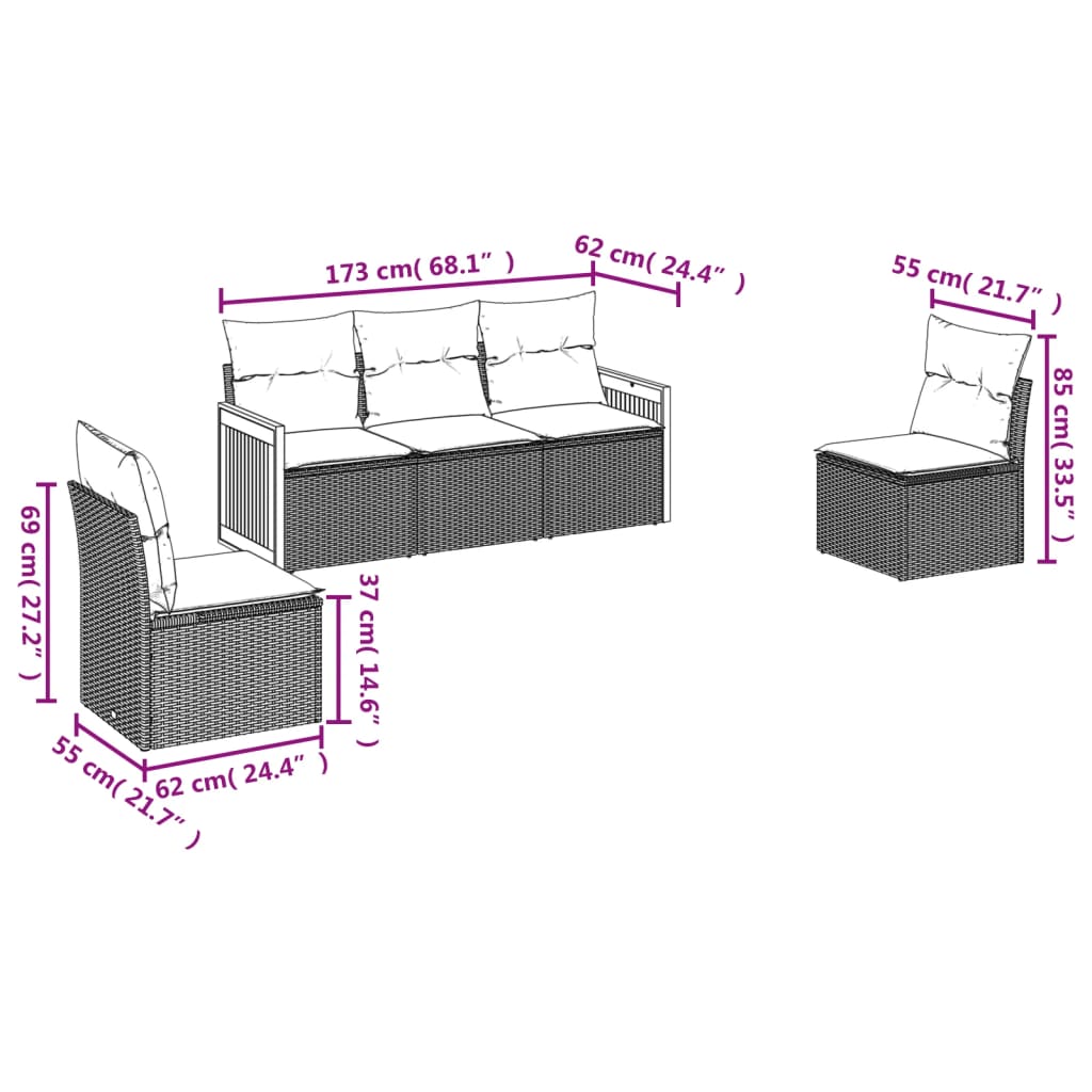 5-delige Loungeset met kussens poly rattan zwart