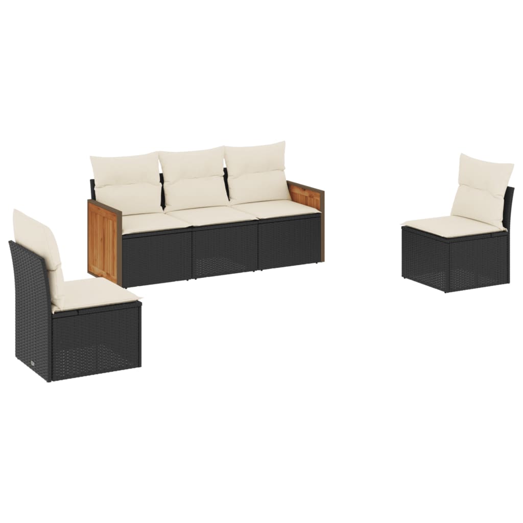 5-delige Loungeset met kussens poly rattan zwart