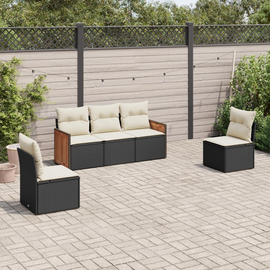 5-delige Loungeset met kussens poly rattan zwart