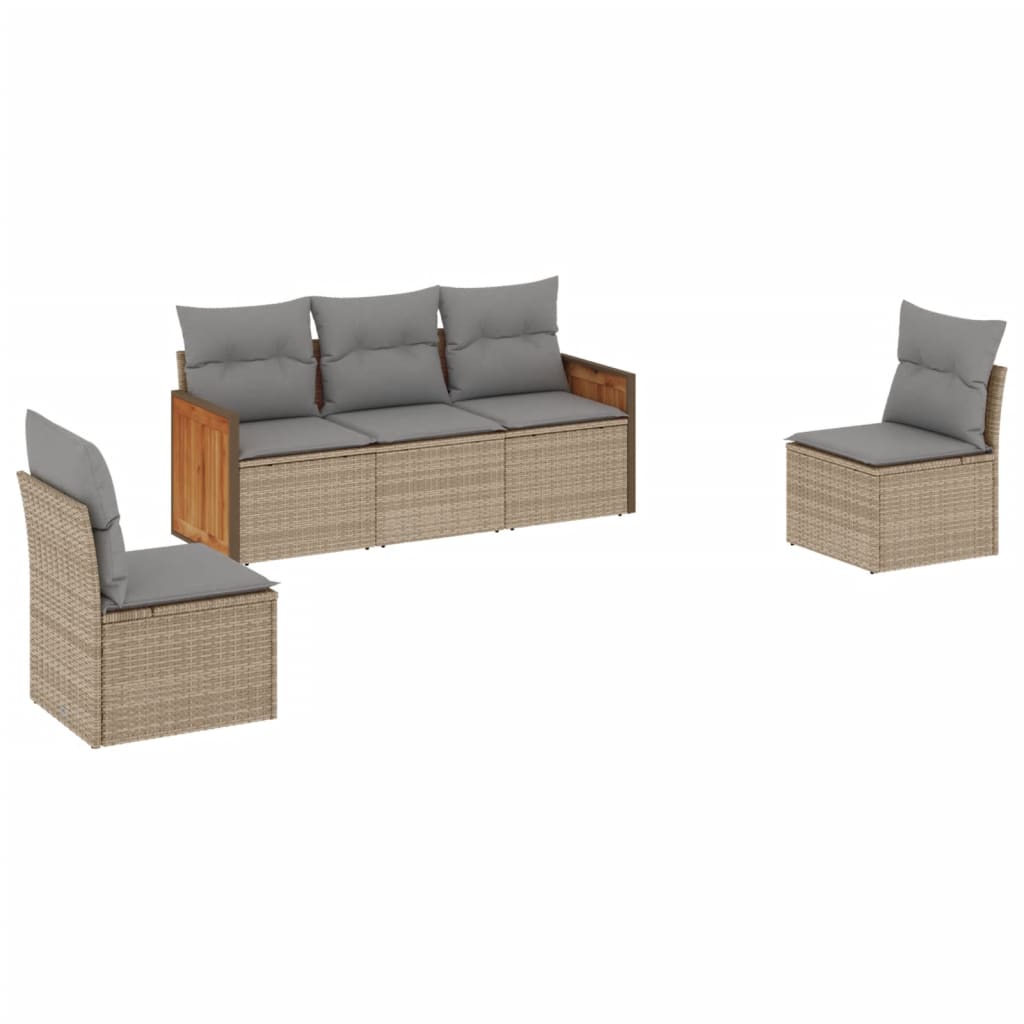 5-delige Loungeset met kussens poly rattan beige