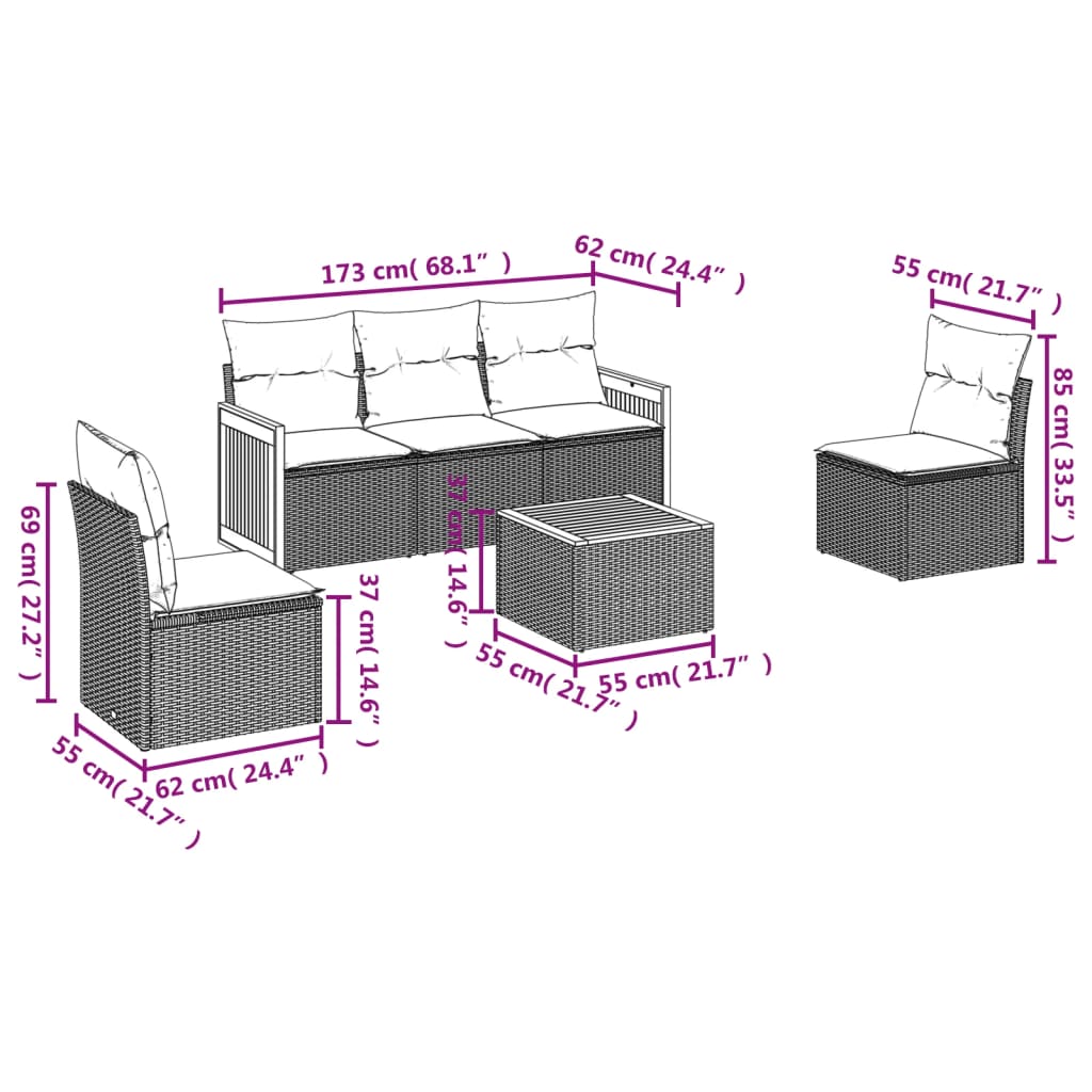 6-delige Loungeset met kussens poly rattan zwart