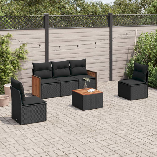 6-delige Loungeset met kussens poly rattan zwart