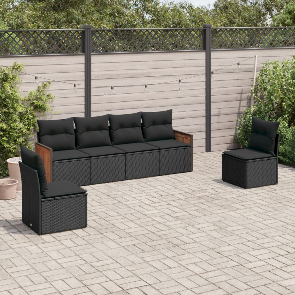 6-delige Loungeset met kussens poly rattan zwart