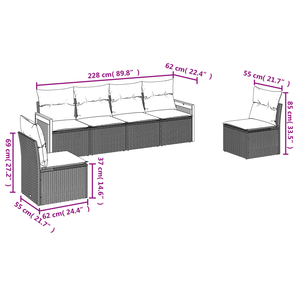 6-delige Loungeset met kussens poly rattan zwart