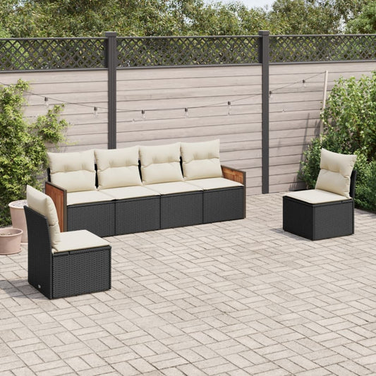 6-delige Loungeset met kussens poly rattan zwart