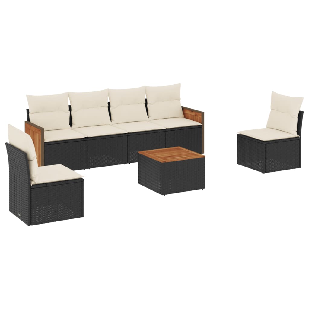 7-delige Loungeset met kussens poly rattan zwart