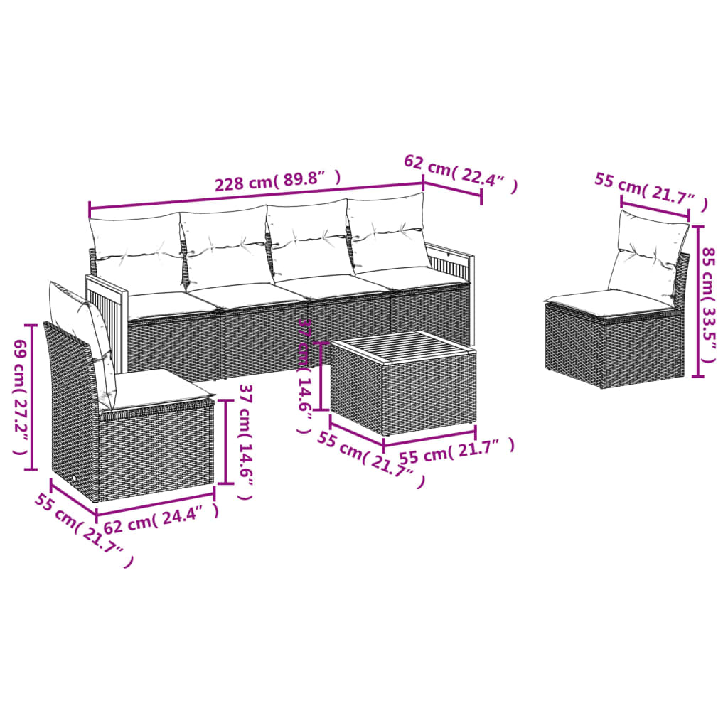 7-delige Loungeset met kussens poly rattan zwart