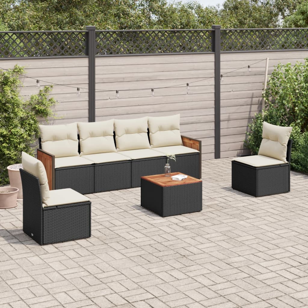 7-delige Loungeset met kussens poly rattan zwart