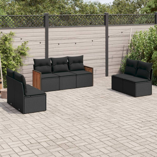 7-delige Loungeset met kussens poly rattan zwart