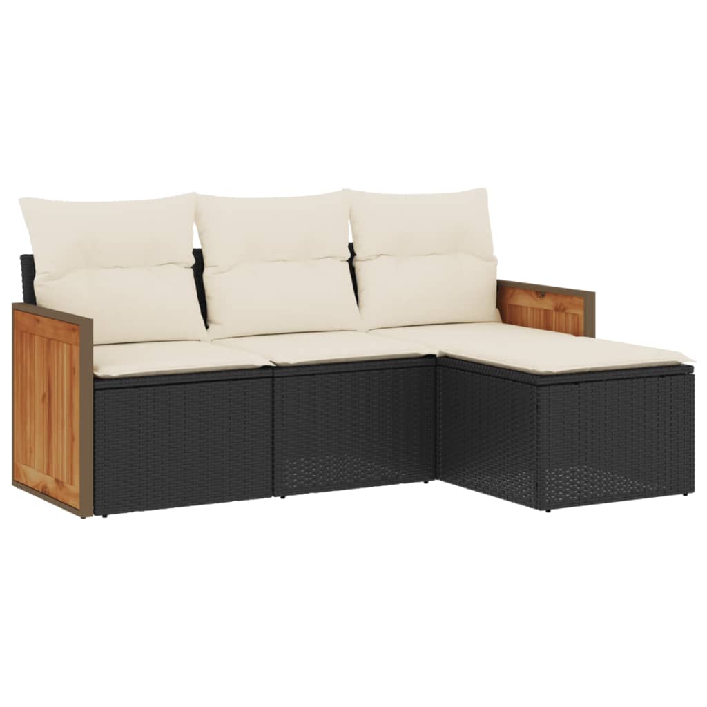 4-delige Loungeset met kussens poly rattan zwart