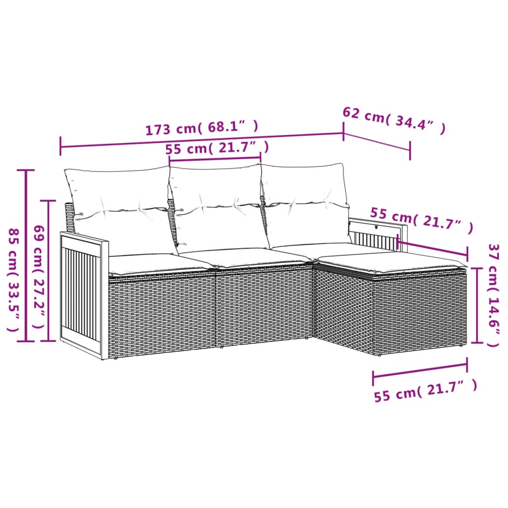 4-delige Loungeset met kussens poly rattan zwart