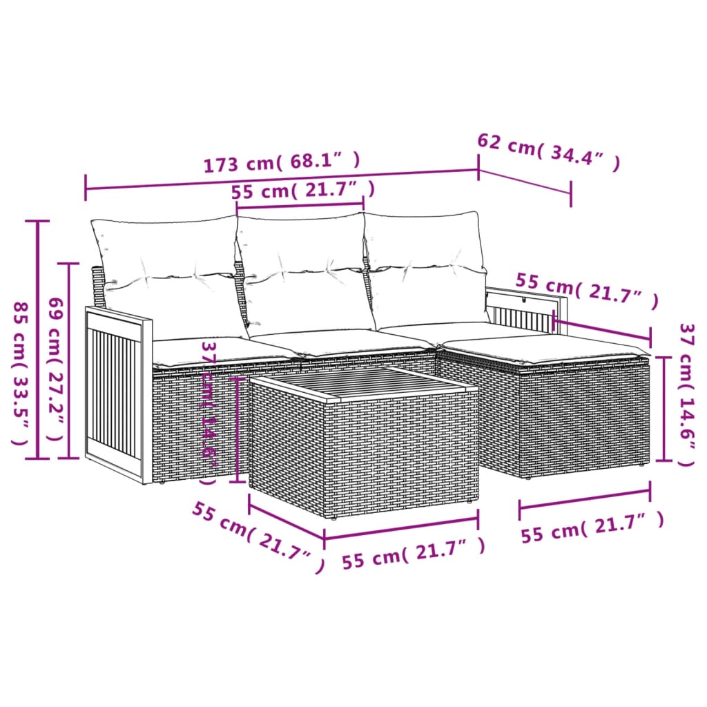 5-delige Loungeset met kussens poly rattan zwart