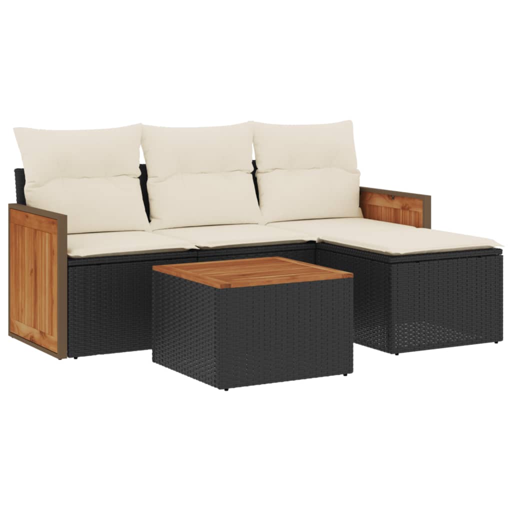 5-delige Loungeset met kussens poly rattan zwart