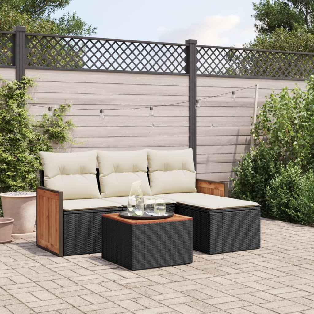 5-delige Loungeset met kussens poly rattan zwart