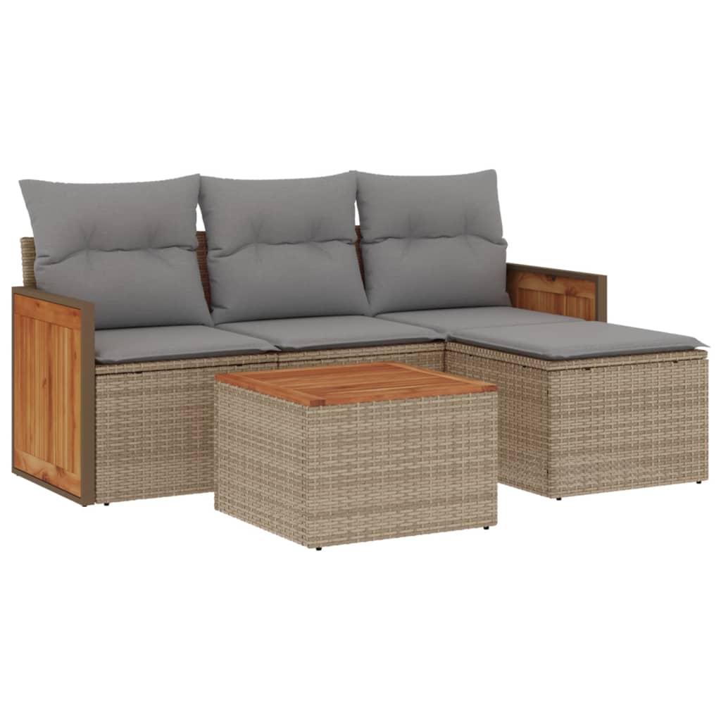 5-delige Loungeset met kussens poly rattan beige