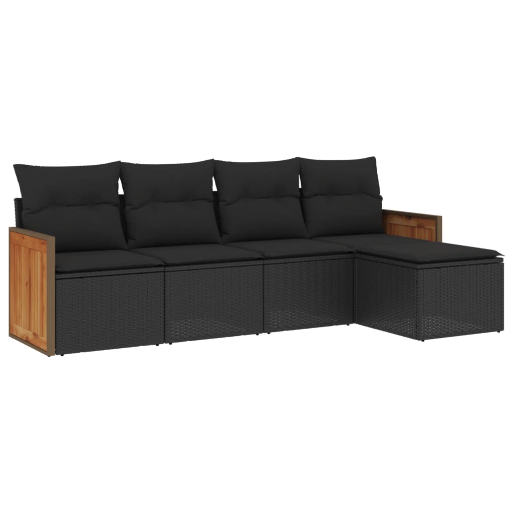 5-delige Loungeset met kussens poly rattan zwart