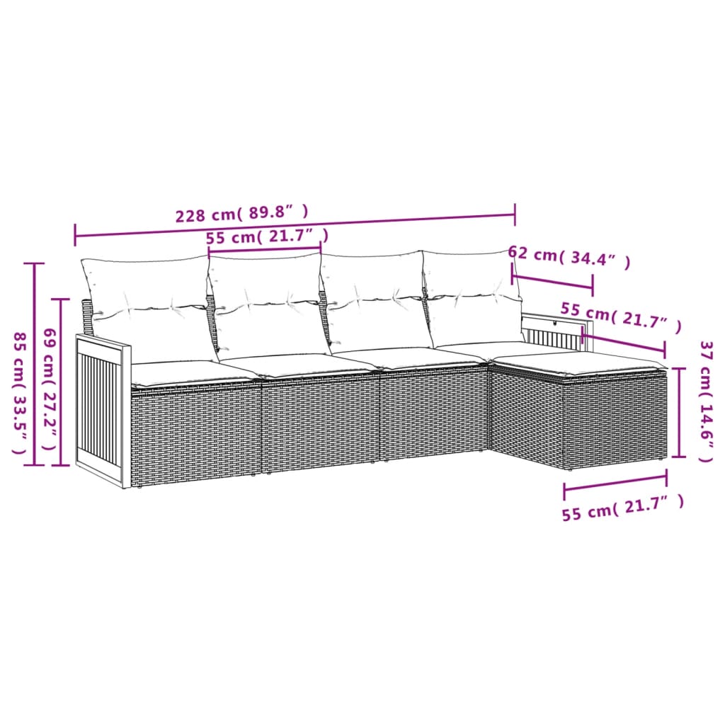 5-delige Loungeset met kussens poly rattan zwart