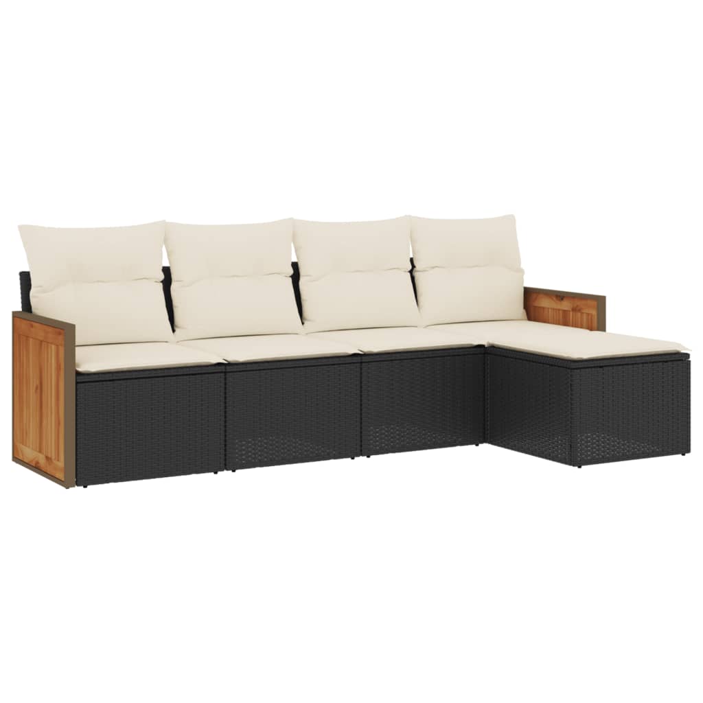 5-delige Loungeset met kussens poly rattan zwart