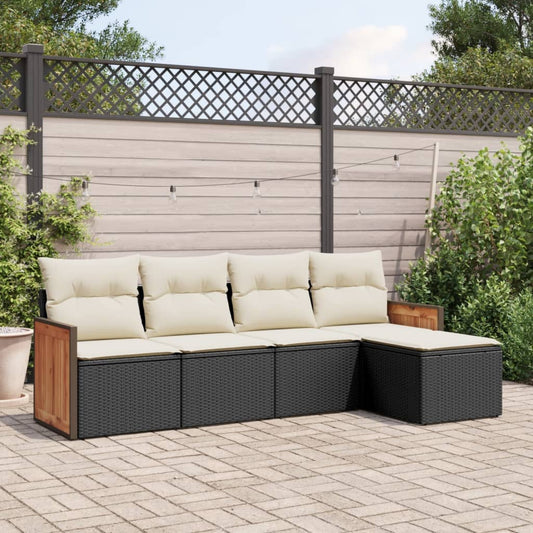 5-delige Loungeset met kussens poly rattan zwart