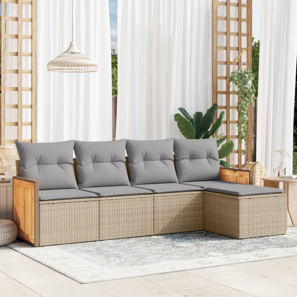 5-delige Loungeset met kussens poly rattan beige