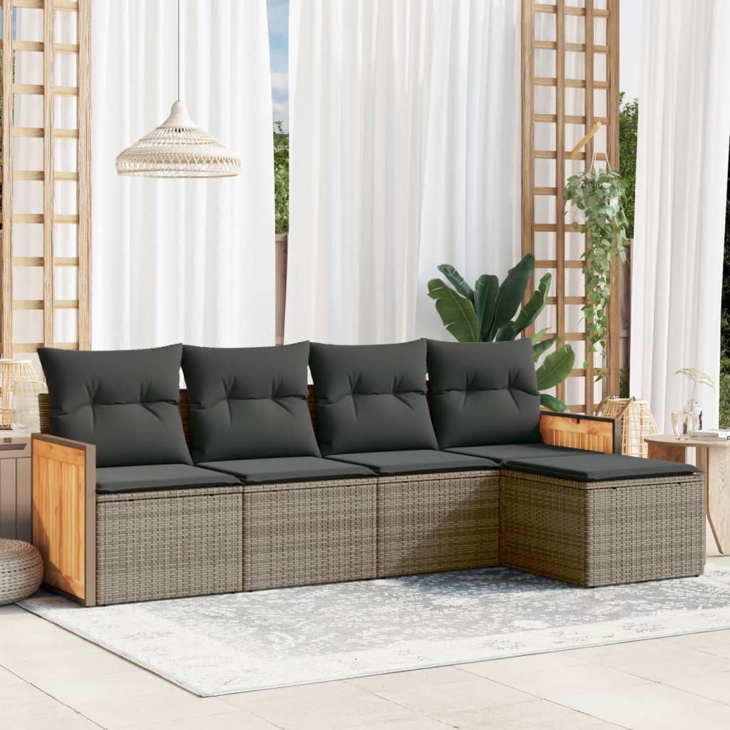 5-delige Loungeset met kussens poly rattan grijs