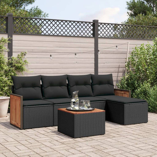 6-delige Loungeset met kussens poly rattan zwart