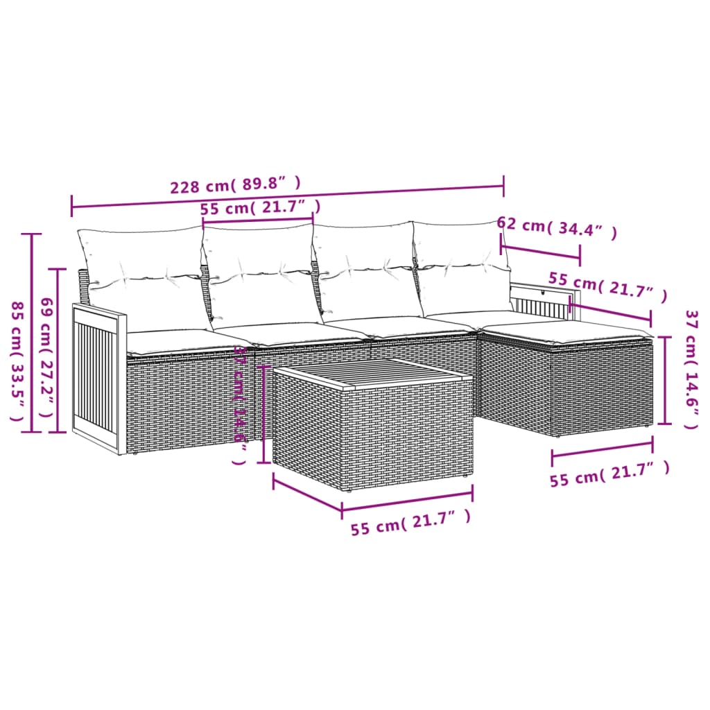 6-delige Loungeset met kussens poly rattan grijs