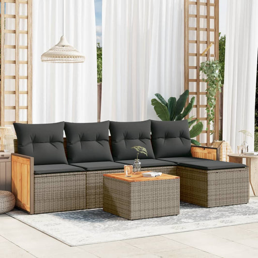 6-delige Loungeset met kussens poly rattan grijs