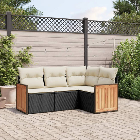 4-delige Loungeset met kussens poly rattan zwart