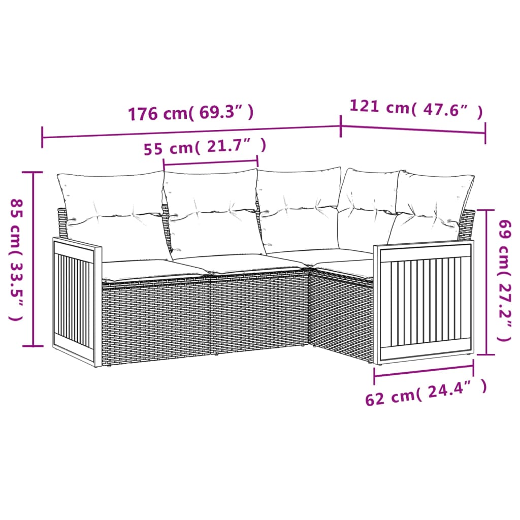 4-delige Loungeset met kussens poly rattan beige