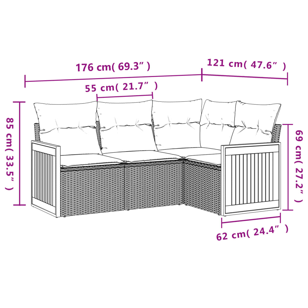 4-delige Loungeset met kussens poly rattan grijs