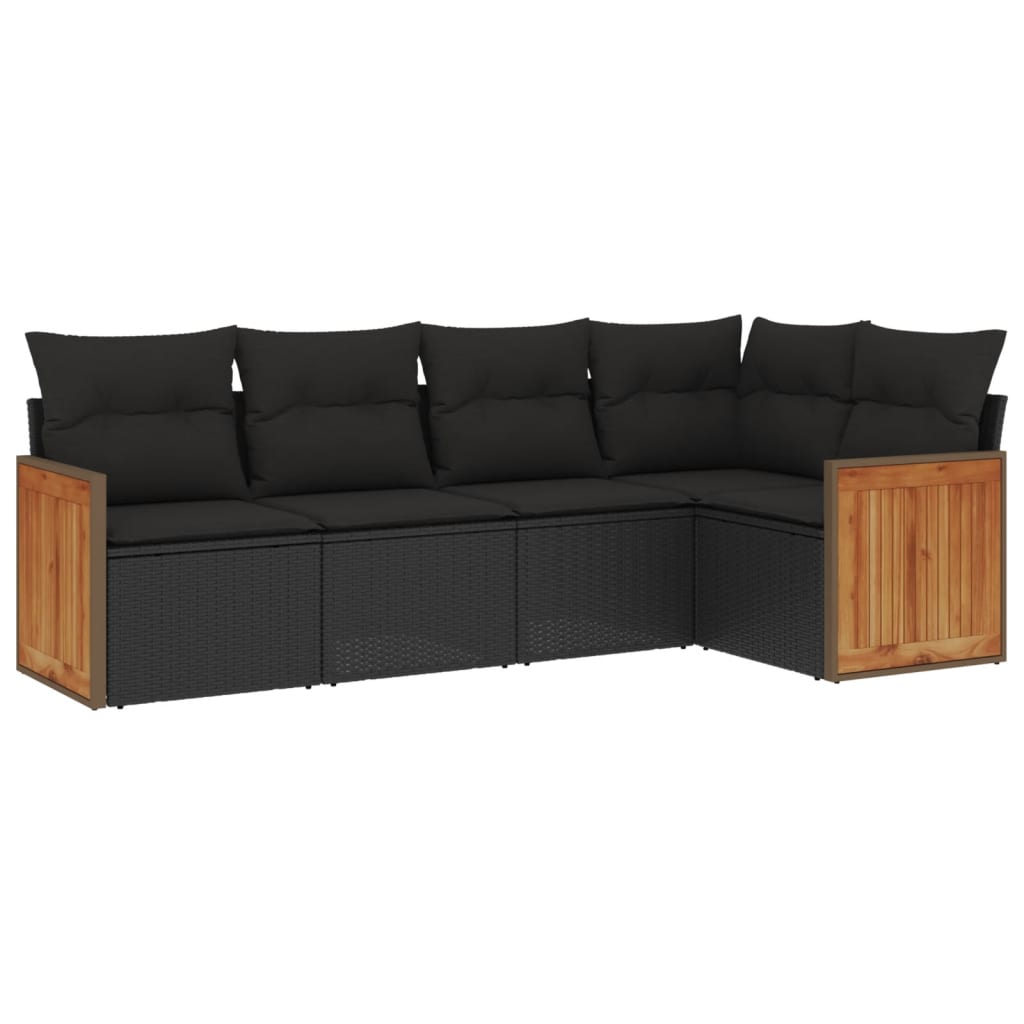 5-delige Loungeset met kussens poly rattan zwart