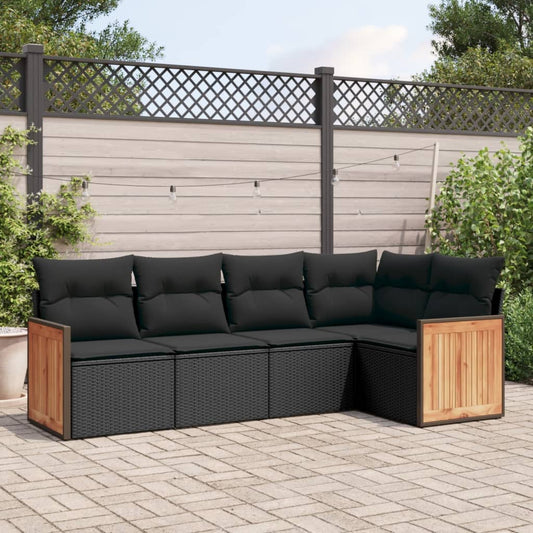 5-delige Loungeset met kussens poly rattan zwart