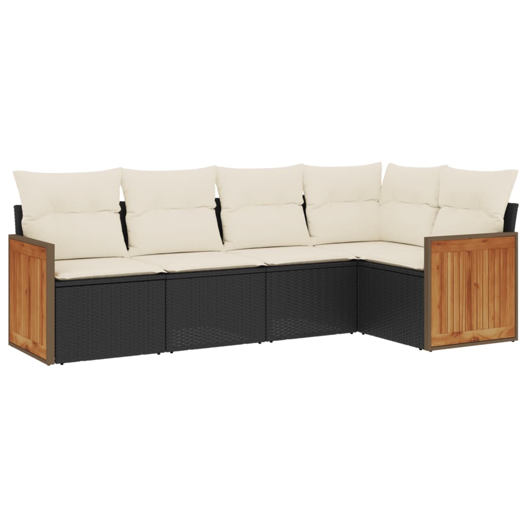 5-delige Loungeset met kussens poly rattan zwart