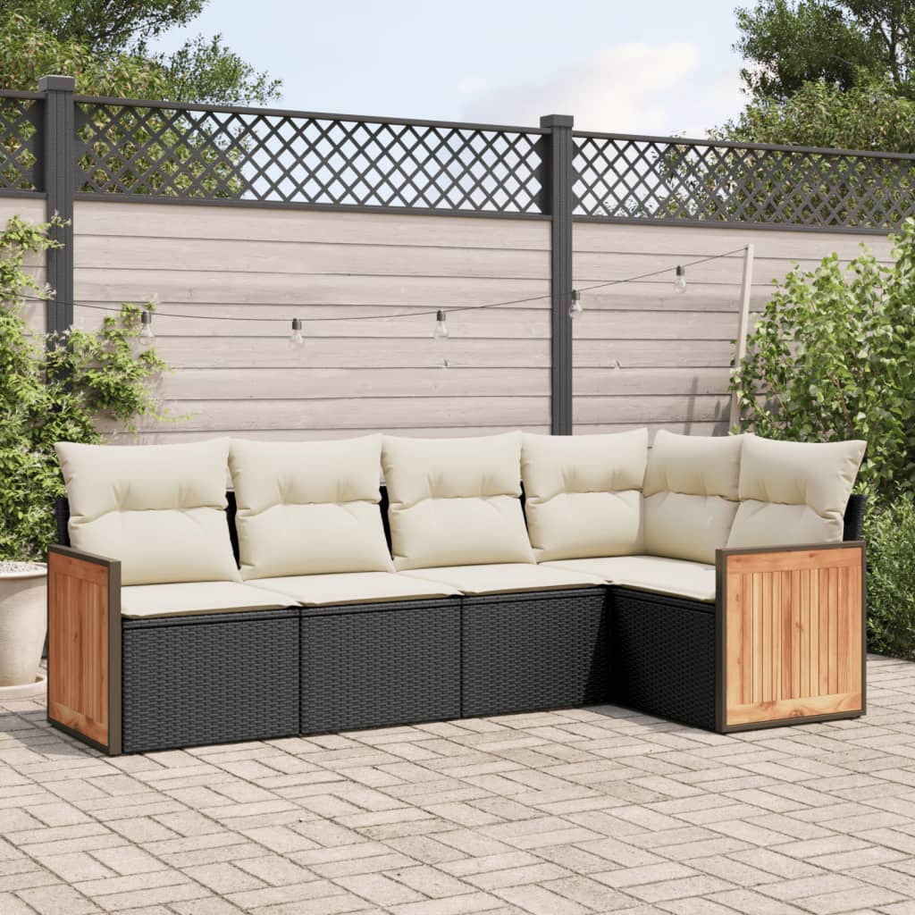 5-delige Loungeset met kussens poly rattan zwart