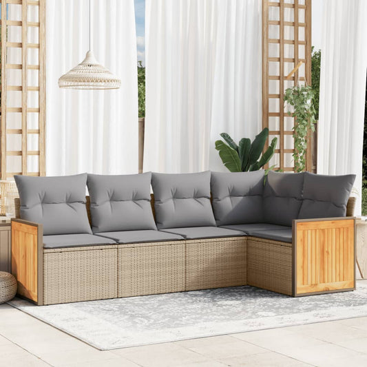 5-delige Loungeset met kussens poly rattan beige