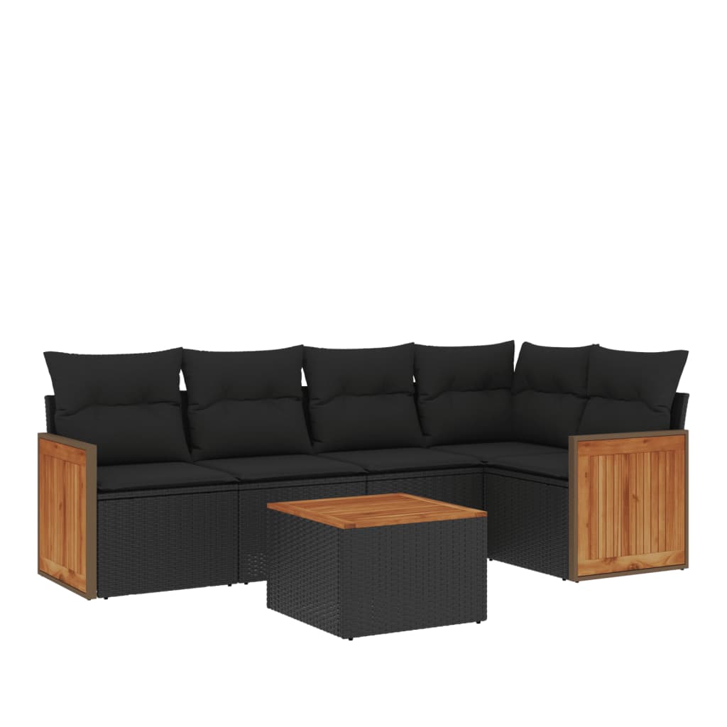 6-delige Loungeset met kussens poly rattan zwart