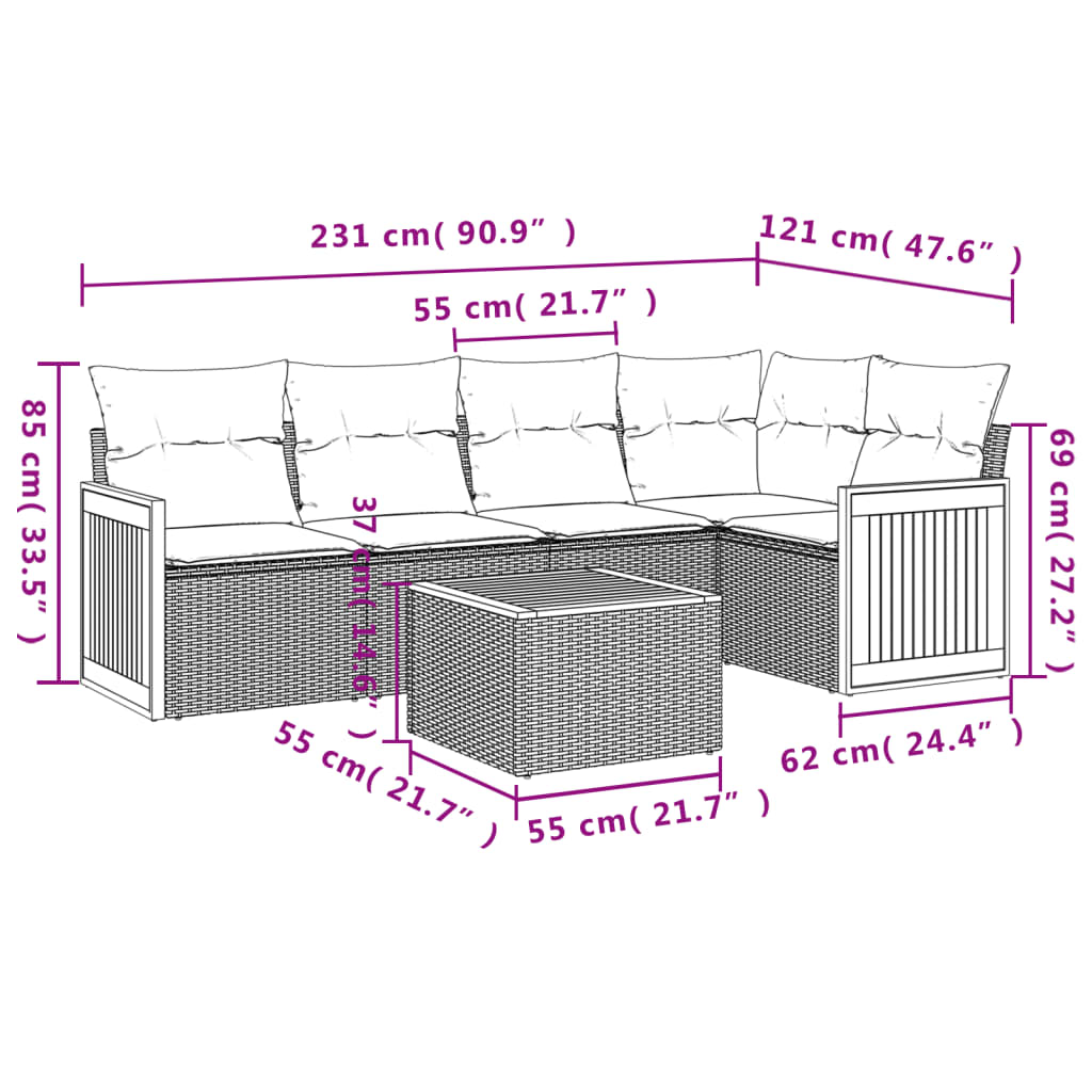 6-delige Loungeset met kussens poly rattan zwart