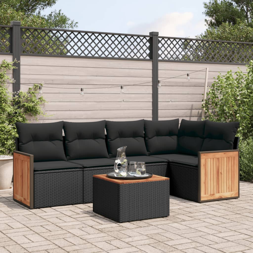 6-delige Loungeset met kussens poly rattan zwart