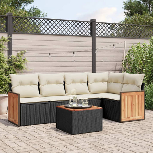 6-delige Loungeset met kussens poly rattan zwart