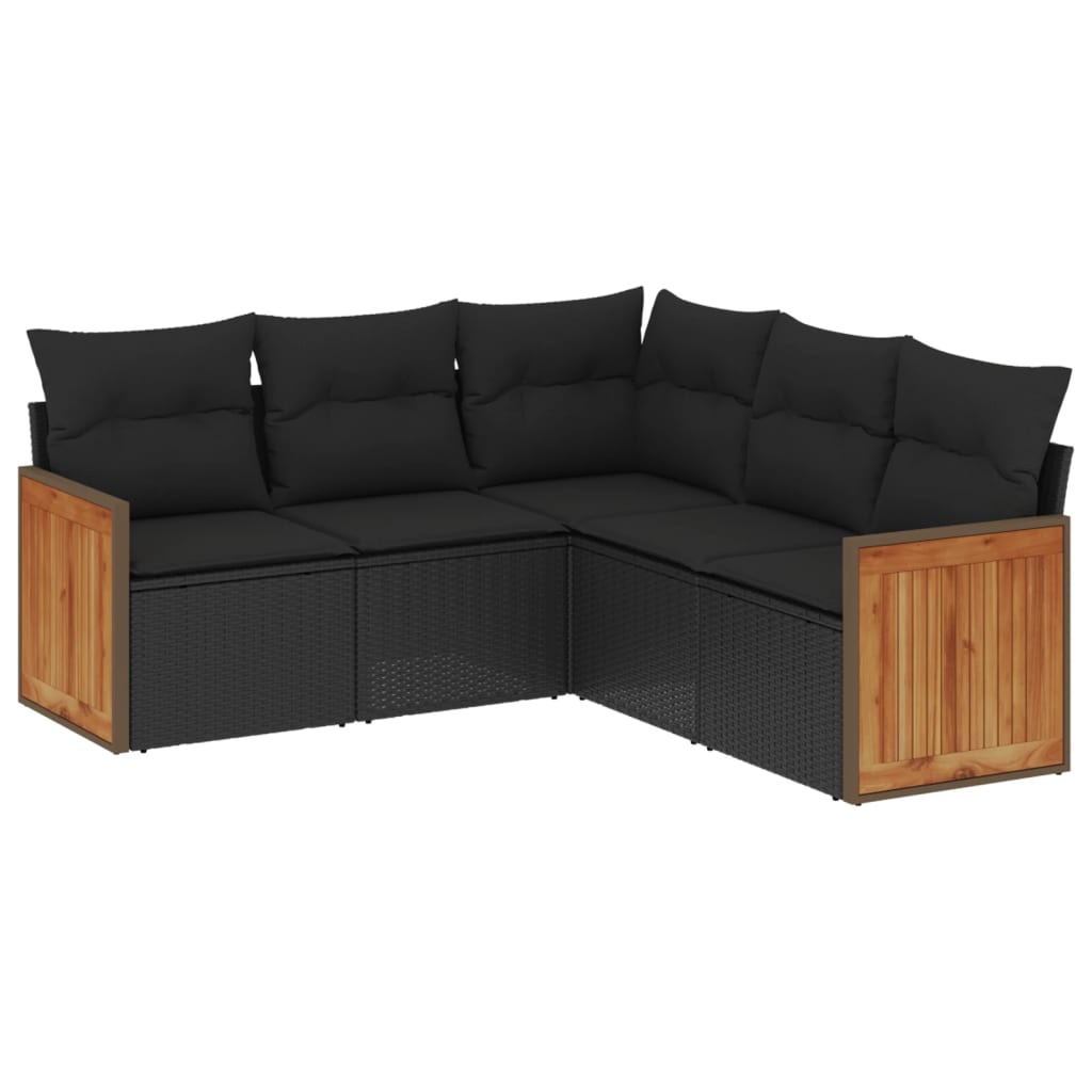 5-delige Loungeset met kussens poly rattan zwart