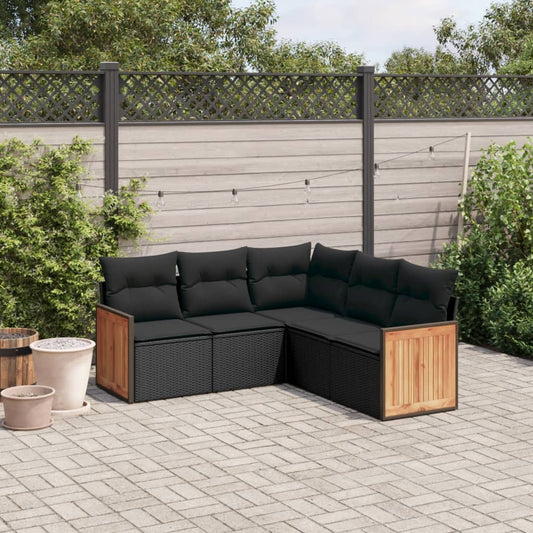 5-delige Loungeset met kussens poly rattan zwart