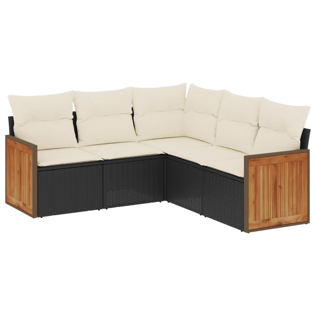 5-delige Loungeset met kussens poly rattan zwart