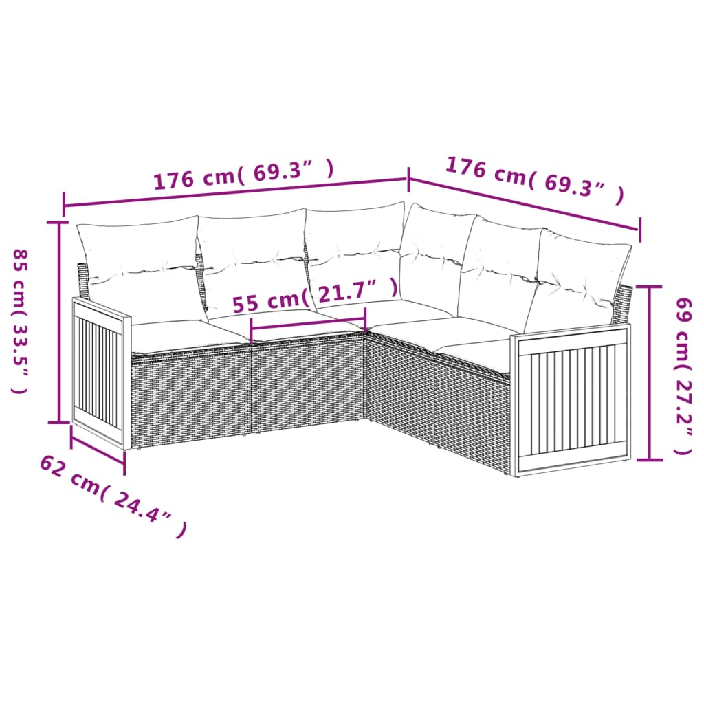 5-delige Loungeset met kussens poly rattan zwart