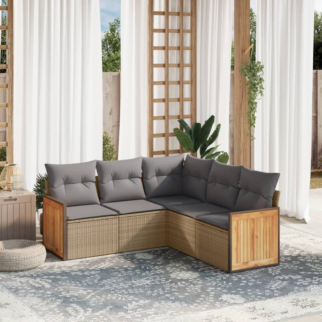 5-delige Loungeset met kussens poly rattan beige