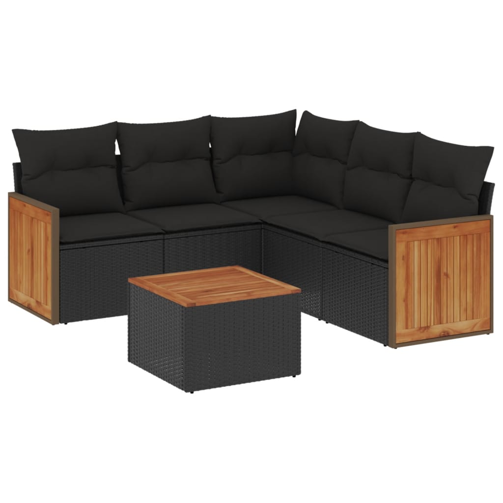 6-delige Loungeset met kussens poly rattan zwart