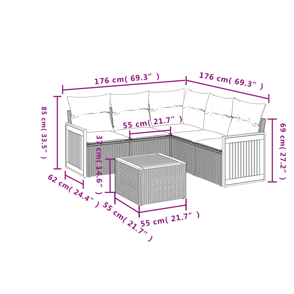 6-delige Loungeset met kussens poly rattan zwart